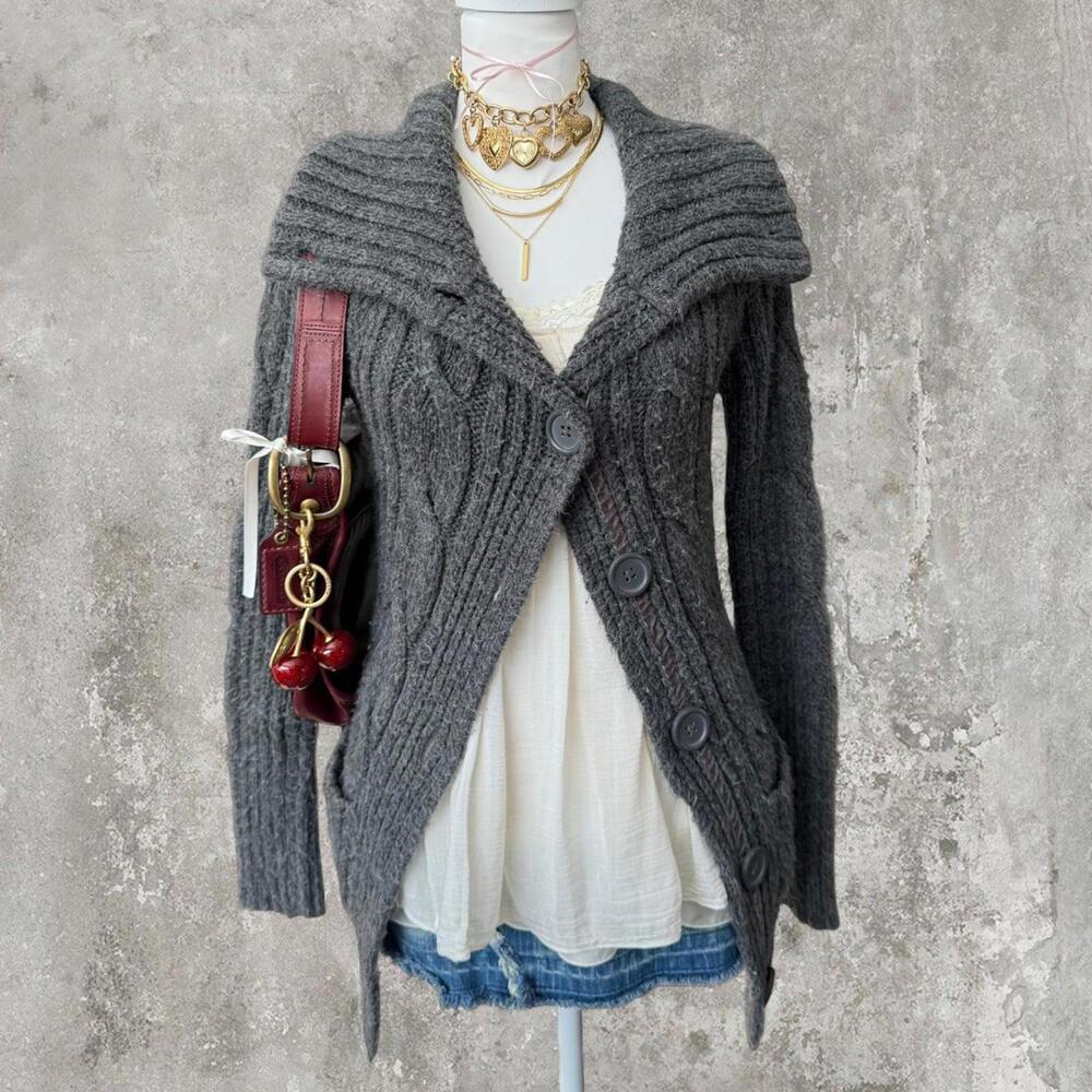 cozy grey oversized coquette sweater button up
